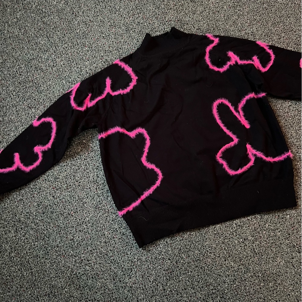 Modest Black Pink Flower Embroidered Mohair Design Mockneck Long-Sleeve Sweater - Picture 2 of 13